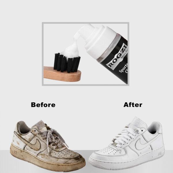 A sports shoe cleaner is centered in the image. On the left is a dirty shoe, while a clean shoe is on the right, illustrating a clear "before and after" effect of using the cleaner. The contrast between the shoes highlights the effectiveness of the product.