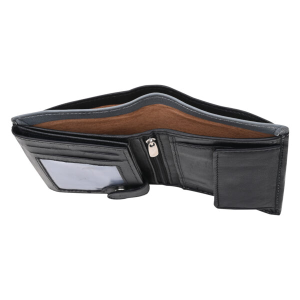 "A sleek premium leather wallet viewed from above on a white background, showcasing fine stitching, smooth texture, and organized card slots with a minimalist design."