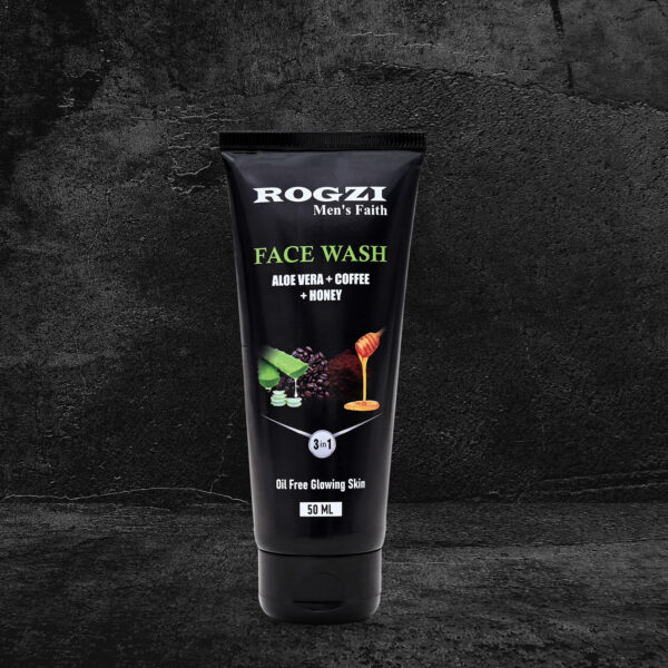 A face wash tube is prominently displayed against a black texture background, featuring the ingredients: aloe vera, coffee, and honey. The label highlights its 3-in-1 formula for oil-free glowing skin.