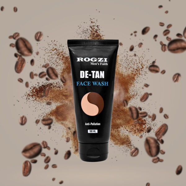 A de-tan face wash tube is featured in the center against a beige background, surrounded by floating coffee beans and powder.