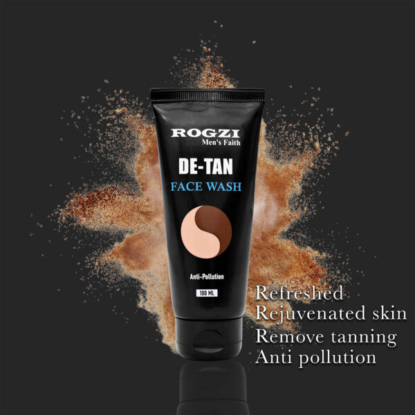 A de-tan face wash tube is centered against a grey background, featuring a swirl design. Key benefits like "Refreshed skin," "Rejuvenated skin," "Removes tanning," and "Anti-pollution" are listed to emphasize its effectiveness.