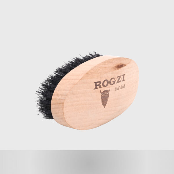 The beard brush is positioned at an angle, highlighting the wooden handle. The brand name is prominently displayed, emphasizing quality and craftsmanship.